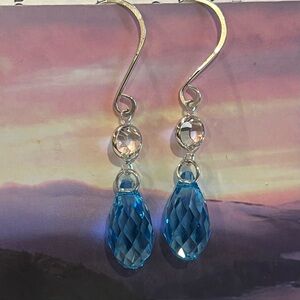 Handcrafted Aquamarine Blue Swarovski Teardrop Briloettes  sterling silver hooks